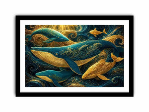 Teal and gold whale canvas art for coastal living room decor.