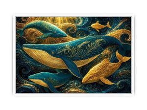 Teal and gold whale canvas art for coastal living room decor.