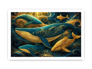 Teal and gold whale canvas art for coastal living room decor.