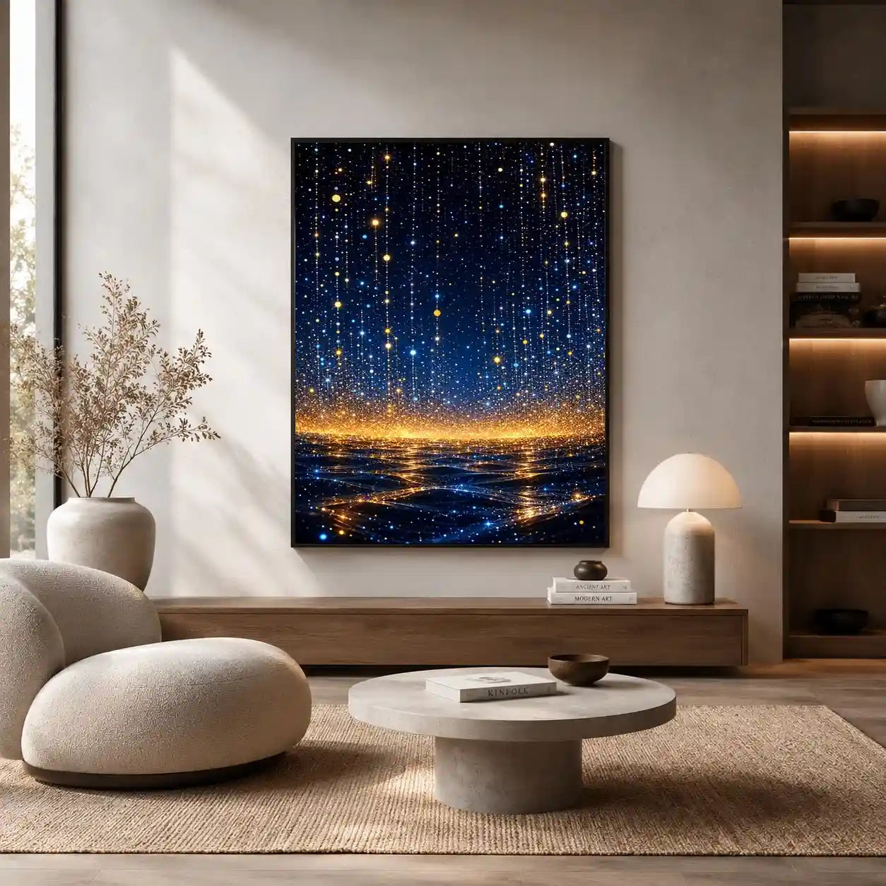 Vertical blue and gold abstract light canvas for modern bedroom decor.
