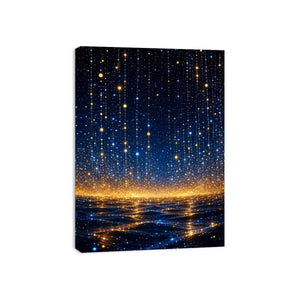 Vertical blue and gold abstract light canvas for modern bedroom decor.