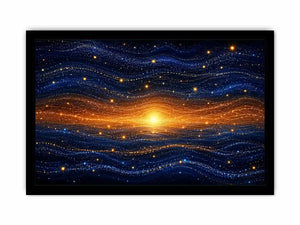 Horizontal blue and gold abstract horizon canvas for modern living room decor.