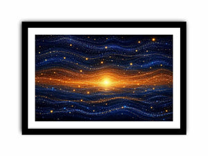 Horizontal blue and gold abstract horizon canvas for modern living room decor.