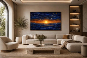 Horizontal blue and gold abstract horizon canvas for modern living room decor.