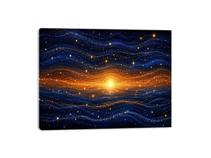 Horizontal blue and gold abstract horizon canvas for modern living room decor.