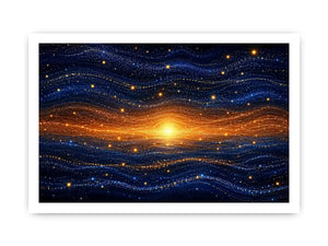 Horizontal blue and gold abstract horizon canvas for modern living room decor.
