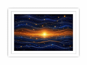 Horizontal blue and gold abstract horizon canvas for modern living room decor.