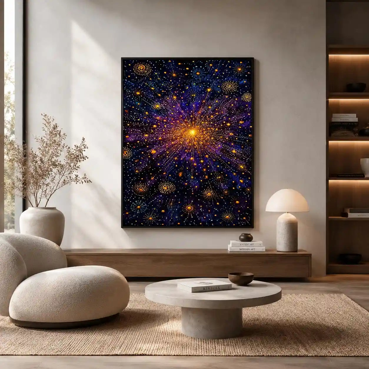 Abstract cosmic gold and purple canvas art for modern living room decor.