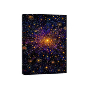 Abstract cosmic gold and purple canvas art for modern living room decor.