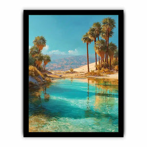Vertical desert oasis canvas art with palm trees for modern living room decor.