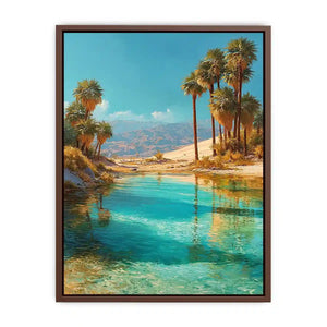 Vertical desert oasis canvas art with palm trees for modern living room decor.