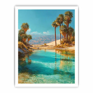 Vertical desert oasis canvas art with palm trees for modern living room decor.