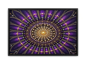 Purple and gold mandala canvas art for elegant bedroom or living room decor.