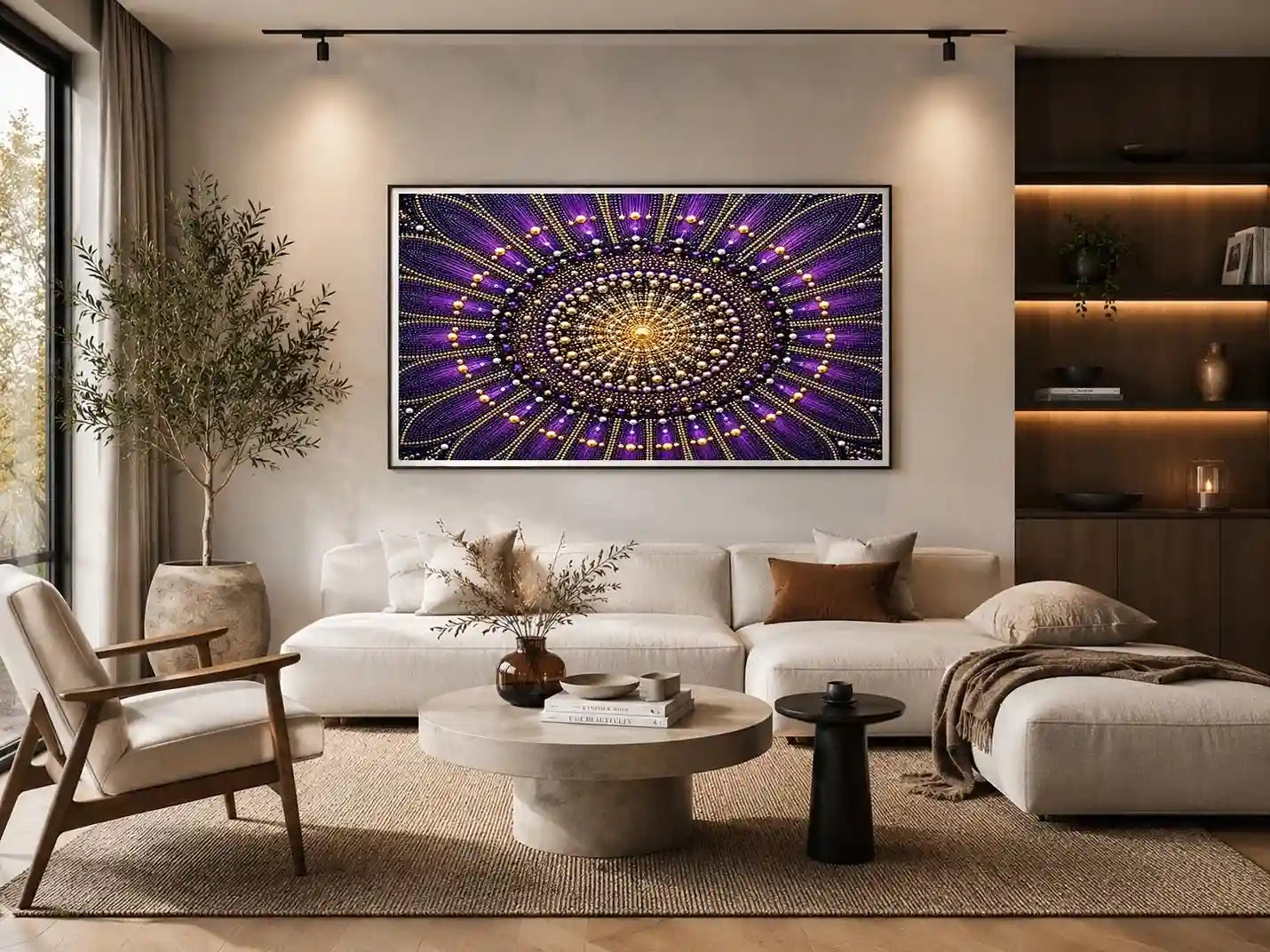 Purple and gold mandala canvas art for elegant bedroom or living room decor.