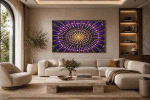 Purple and gold mandala canvas art for elegant bedroom or living room decor.