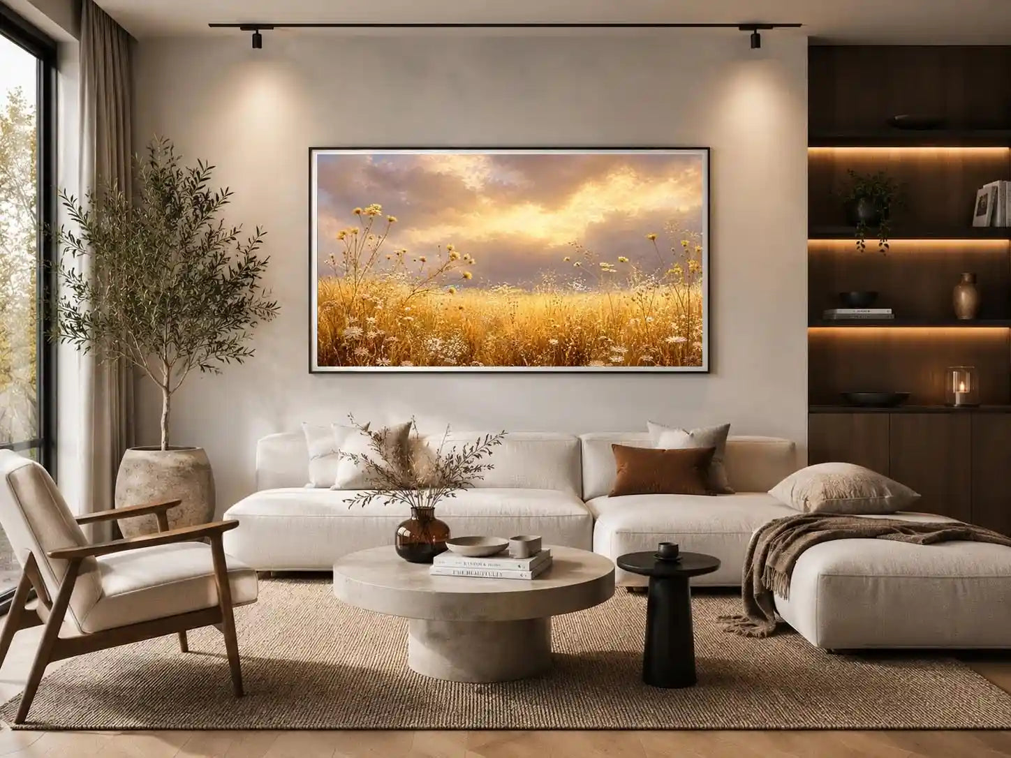 Golden wildflower meadow canvas print for warm bedroom and living room decor.