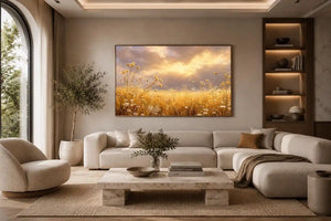 Golden wildflower meadow canvas print for warm bedroom and living room decor.