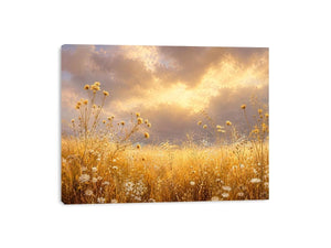 Golden wildflower meadow canvas print for warm bedroom and living room decor.