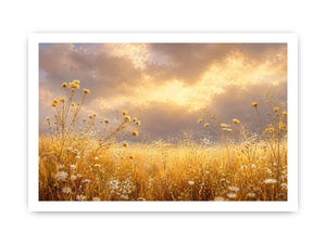 Golden wildflower meadow canvas print for warm bedroom and living room decor.