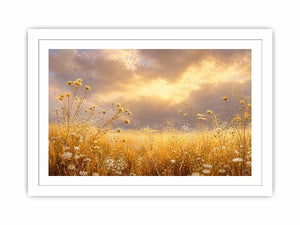 Golden wildflower meadow canvas print for warm bedroom and living room decor.