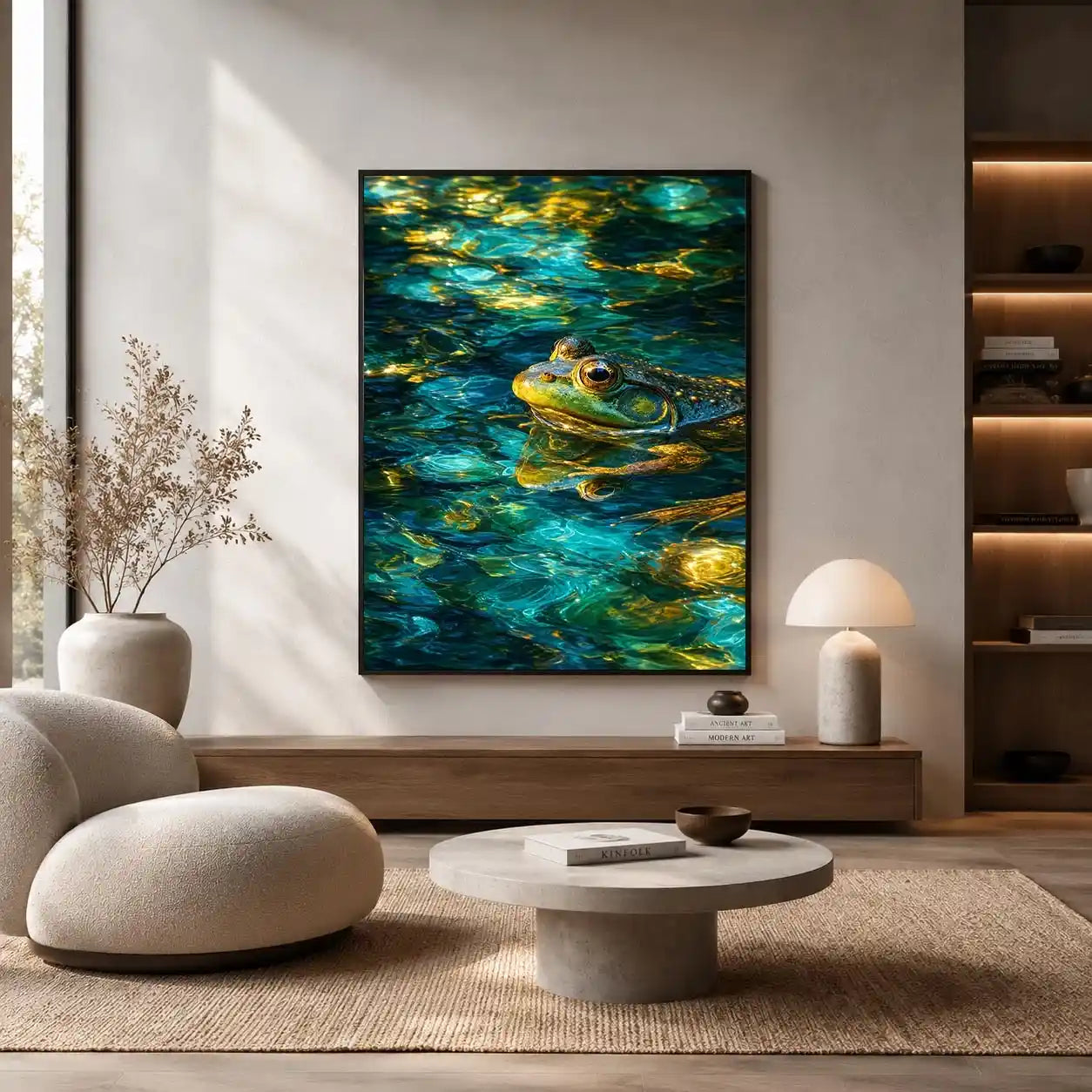 Dreamy teal and gold frog canvas art for modern living room decor.