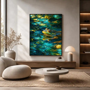 Dreamy teal and gold frog canvas art for modern living room decor.