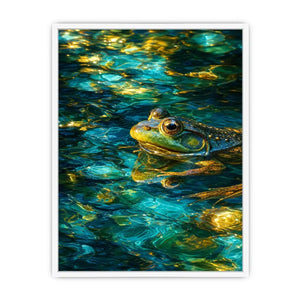 Dreamy teal and gold frog canvas art for modern living room decor.