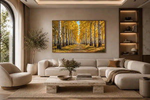 Golden autumn birch forest canvas art for warm hallway and living room decor.