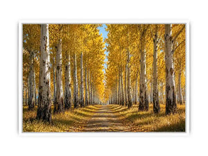 Golden autumn birch forest canvas art for warm hallway and living room decor.