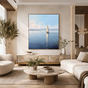 Minimal sailboat canvas art with calm blue water for coastal bedroom or living room decor.