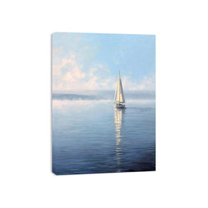 Minimal sailboat canvas art with calm blue water for coastal bedroom or living room decor.