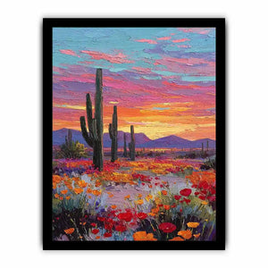 Vertical desert cactus sunset canvas art with wildflowers for modern living room decor.