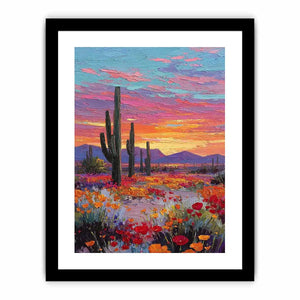 Vertical desert cactus sunset canvas art with wildflowers for modern living room decor.