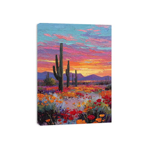 Vertical desert cactus sunset canvas art with wildflowers for modern living room decor.
