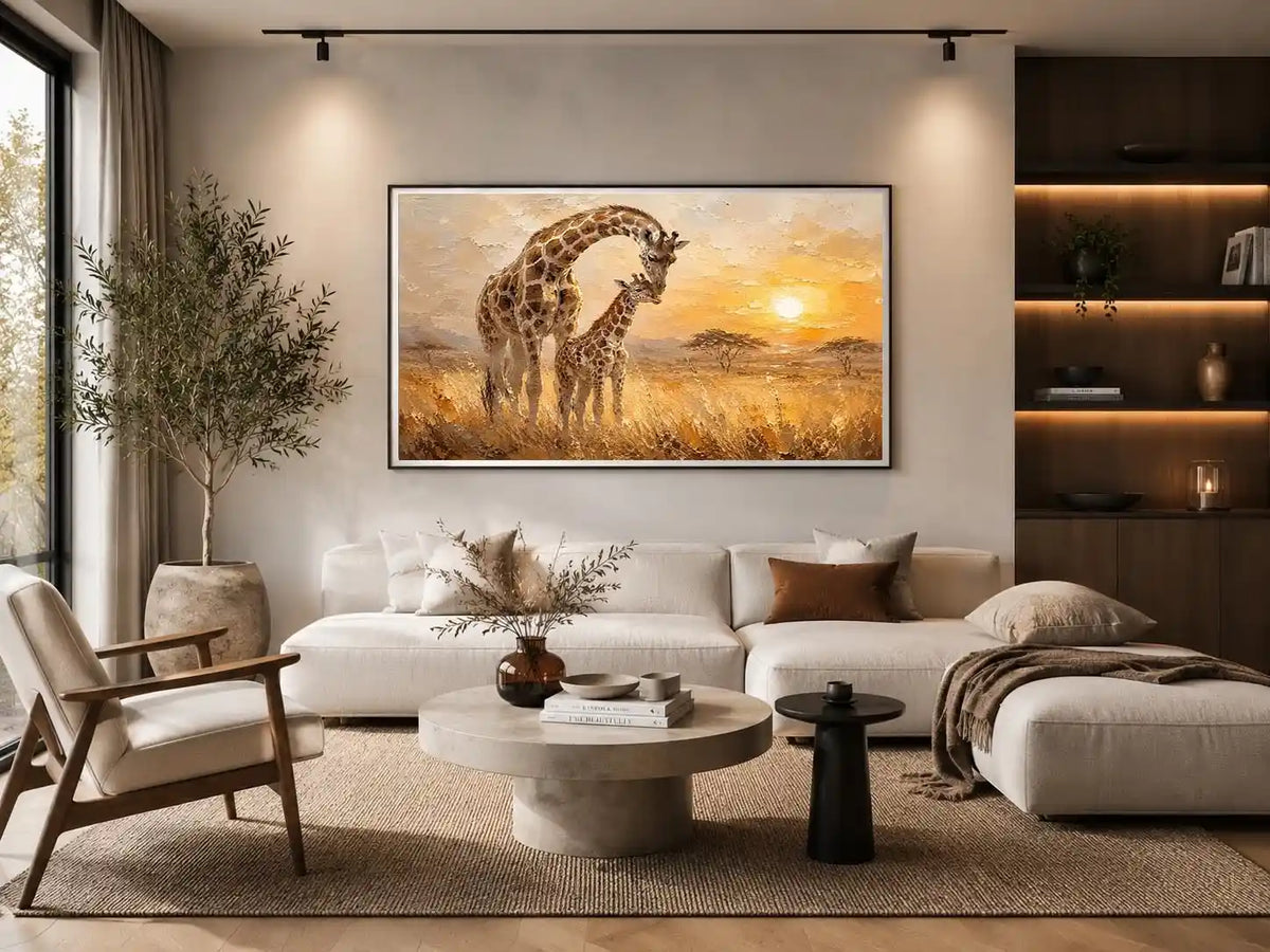Giraffe mother and calf safari canvas art for modern living room or nursery decor.