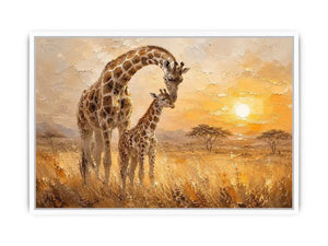 Giraffe mother and calf safari canvas art for modern living room or nursery decor.