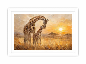 Giraffe mother and calf safari canvas art for modern living room or nursery decor.