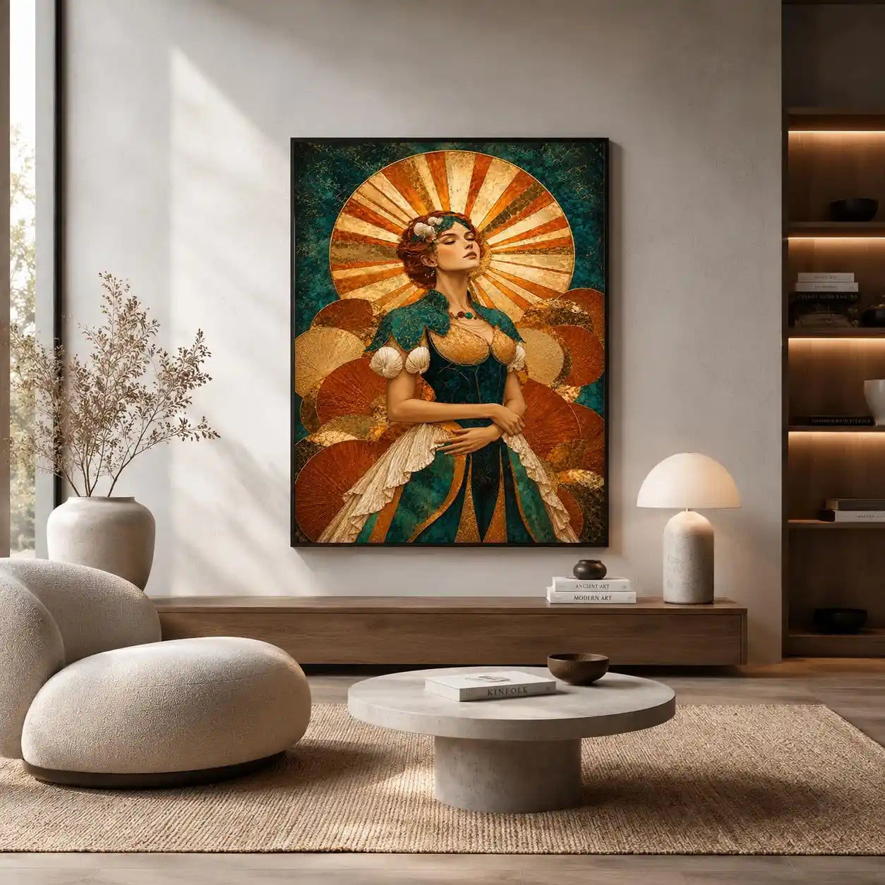 Art deco woman canvas wall art in teal and gold for luxury decor.