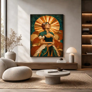 Art deco woman canvas wall art in teal and gold for luxury decor.