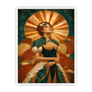 Art deco woman canvas wall art in teal and gold for luxury decor.