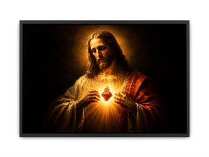 Dark sacred heart Jesus canvas art for traditional living room decor.