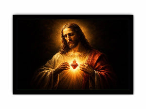 Dark sacred heart Jesus canvas art for traditional living room decor.