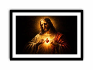 Dark sacred heart Jesus canvas art for traditional living room decor.