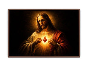 Dark sacred heart Jesus canvas art for traditional living room decor.
