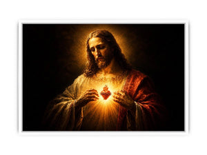 Dark sacred heart Jesus canvas art for traditional living room decor.