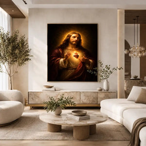 Classic sacred heart Jesus portrait canvas art for bedroom decor.