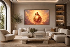 Golden Jesus sacred heart wall art for luxury living room decor.