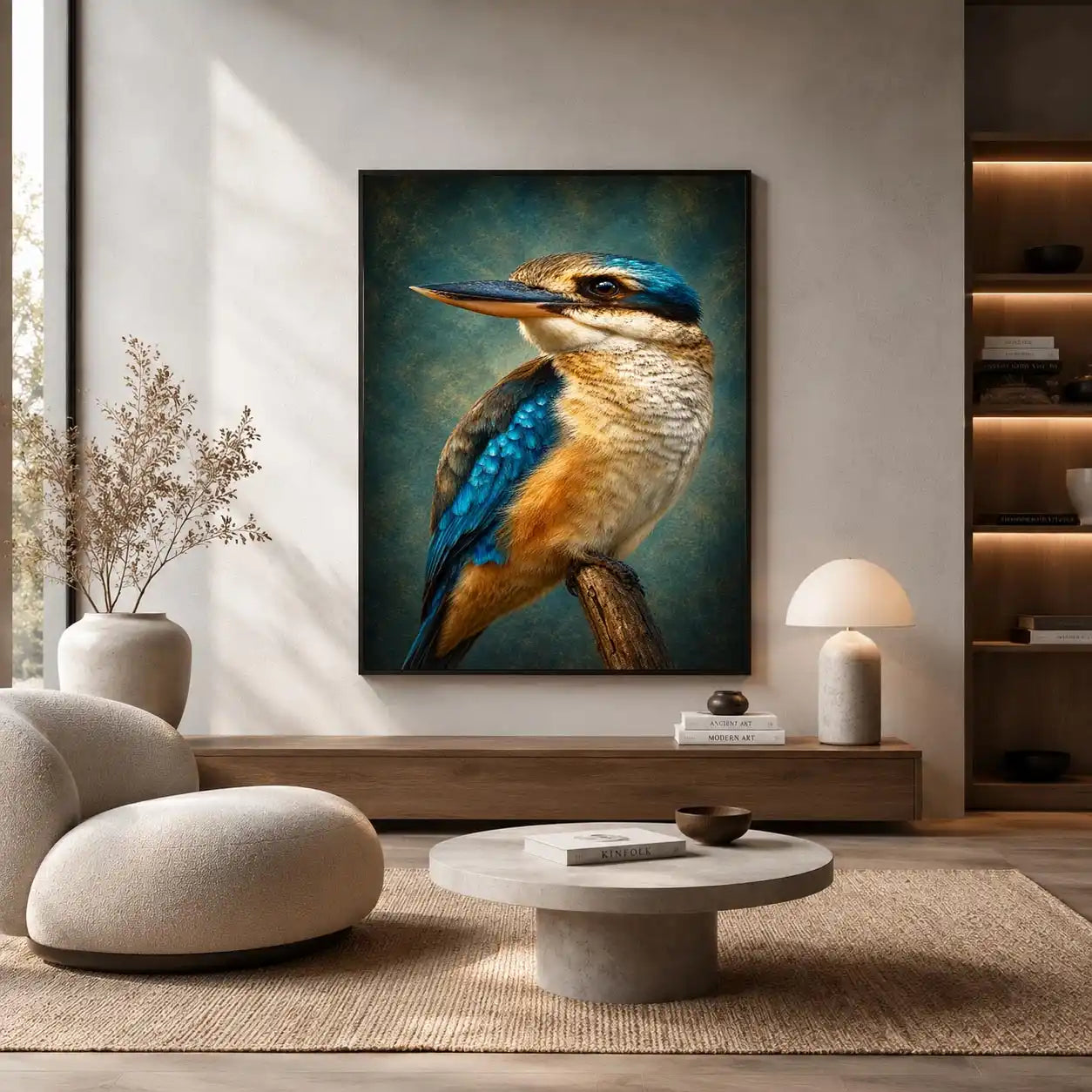Vibrant kingfisher bird canvas art for modern living room decor.