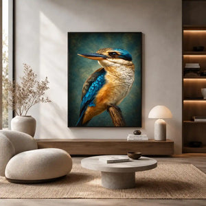 Vibrant kingfisher bird canvas art for modern living room decor.