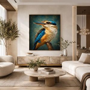 Vibrant kingfisher bird canvas art for modern living room decor.